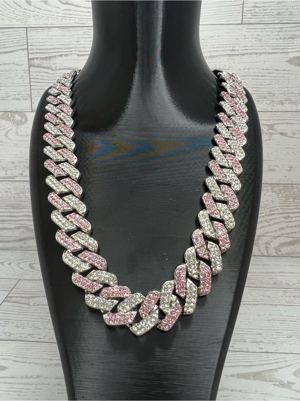 Pink and Silver Crystal Cuban Link Necklace 18”